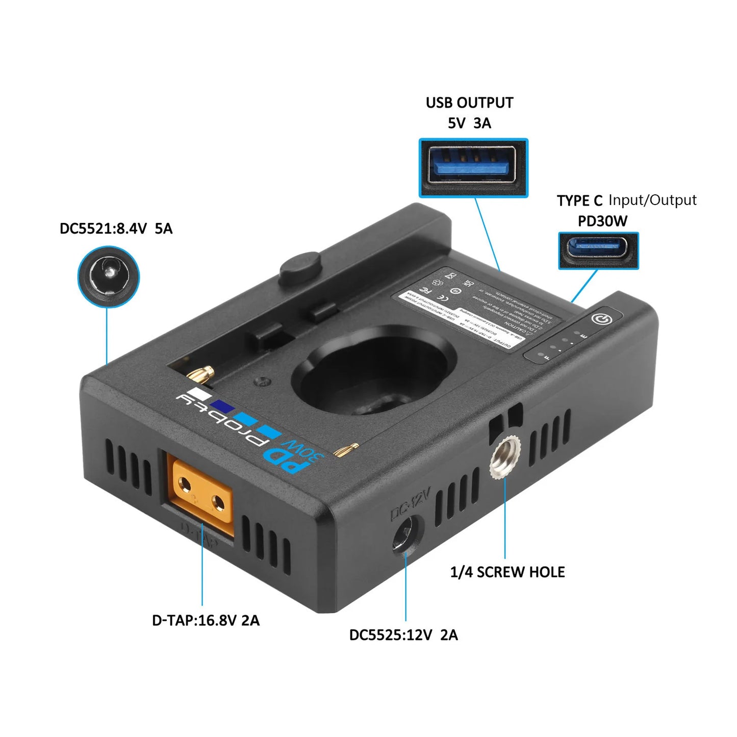 NP-F Battery Adapter Plate for Sony NP-F Battery W PD30W Charging Port 12V 8.4V D-TAP Output Port LED Low Battery Indicator