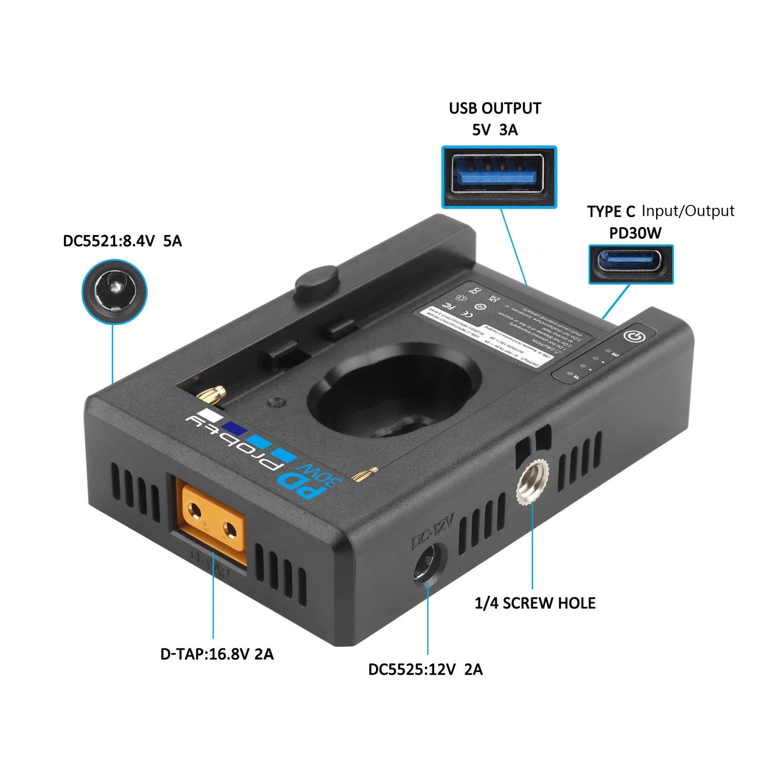 NP-F Battery Adapter Plate for Sony NP-F Battery W PD30W Charging Port 12V 8.4V D-TAP Output Port LED Low Battery Indicator