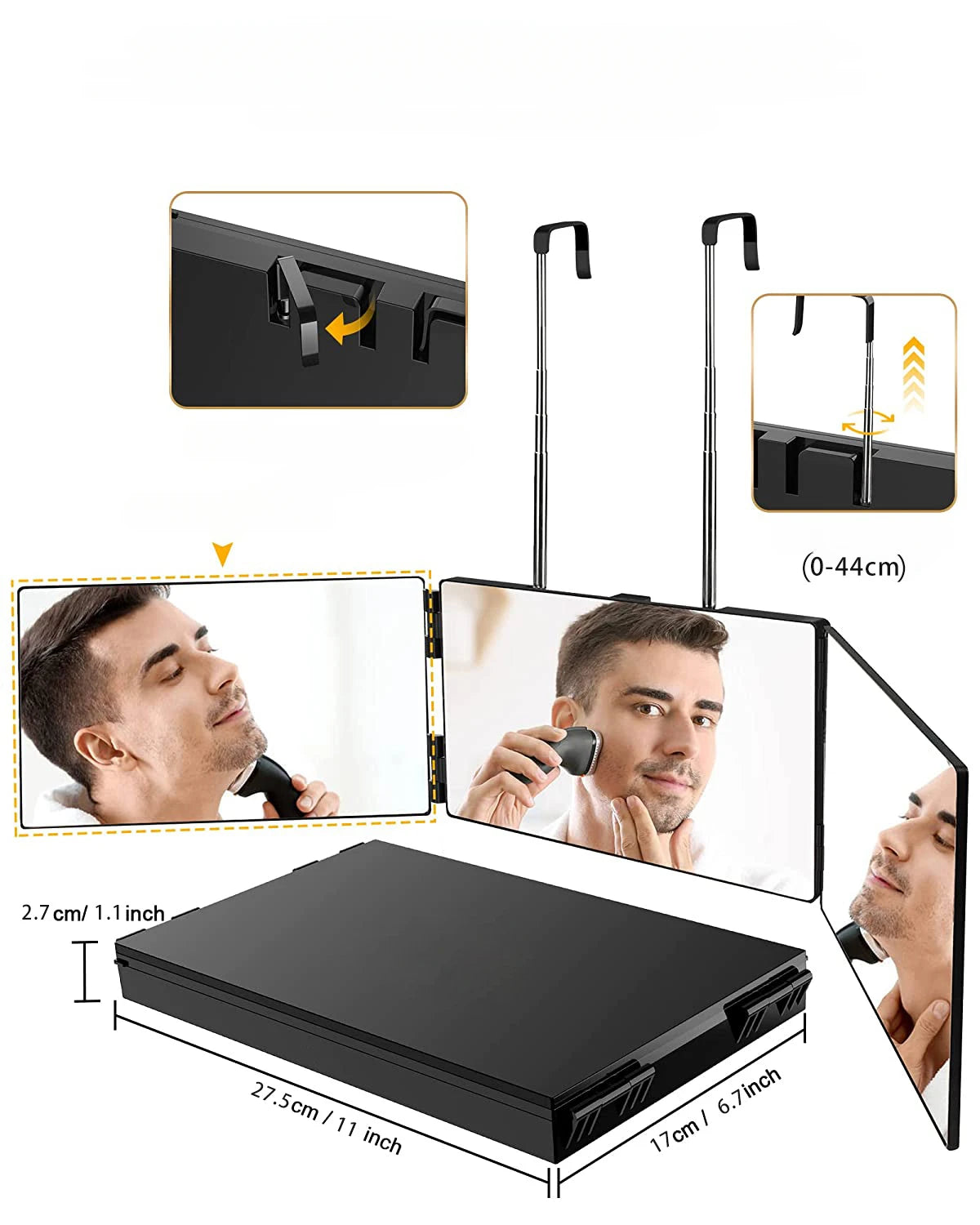 S Travel Portable 360 Trifold Vanity Makeup Mirror with Height Adjustable Telescoping Hook for Hair Self Cutting Fordable Mirror